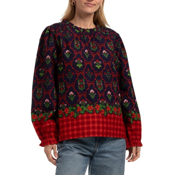 LEA Navy Multi Holiday Ruffle Collar Top - Picture 1 of 2